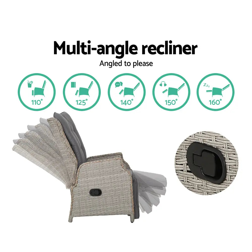 Gardeon 2PC Recliner Chairs Sun lounge Wicker Lounger Outdoor Furniture Adjustable Grey - Furniture > Outdoor