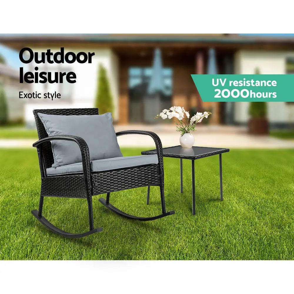 Gardeon 2PC Rocking Chair Table Wicker Outdoor Furniture Patio Lounge Setting - Furniture > Outdoor