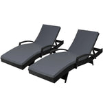 Gardeon 2PC Sun Lounge Wicker Lounger Outdoor Furniture Beach Chair Patio Adjustable Cushion Black - Furniture > Outdoor