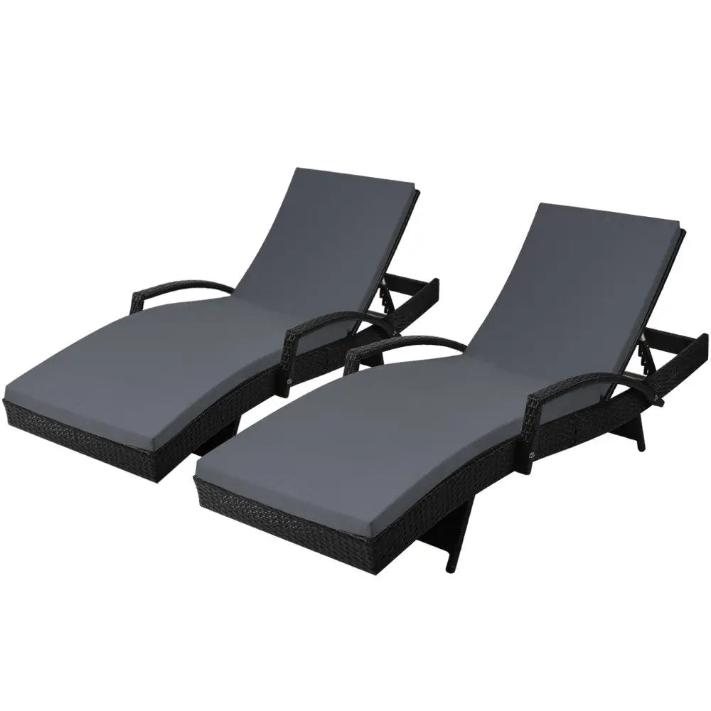 Gardeon 2PC Sun Lounge Wicker Lounger Outdoor Furniture Beach Chair Patio Adjustable Cushion Black - Furniture > Outdoor