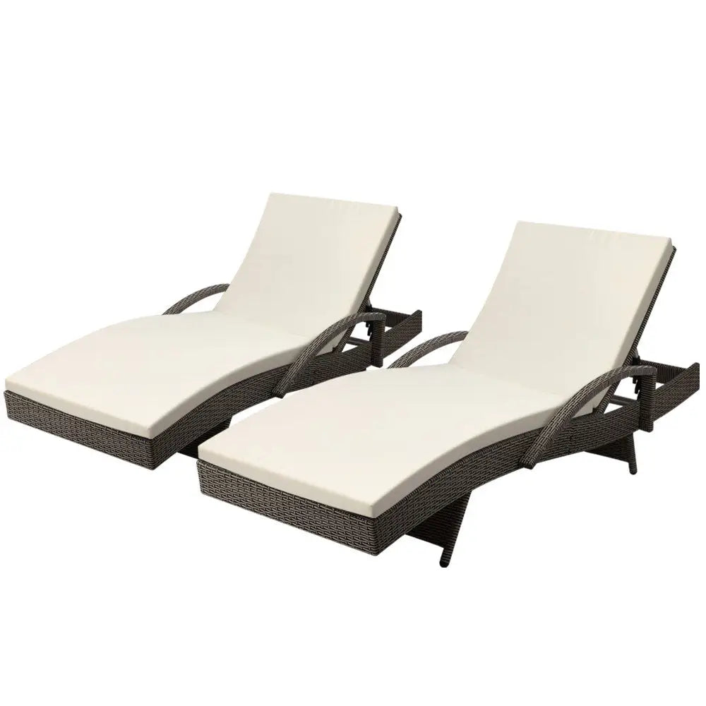 Gardeon 2PC Sun Lounge Wicker Lounger Outdoor Furniture Beach Chair Adjustable Cushion Grey&Beige - Furniture > Outdoor