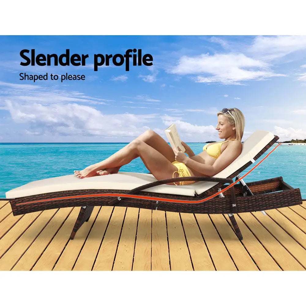 Gardeon 2PC Sun Lounge Wicker Lounger Outdoor Furniture Beach Chair Patio Adjustable Cushion Brown - Furniture > Outdoor