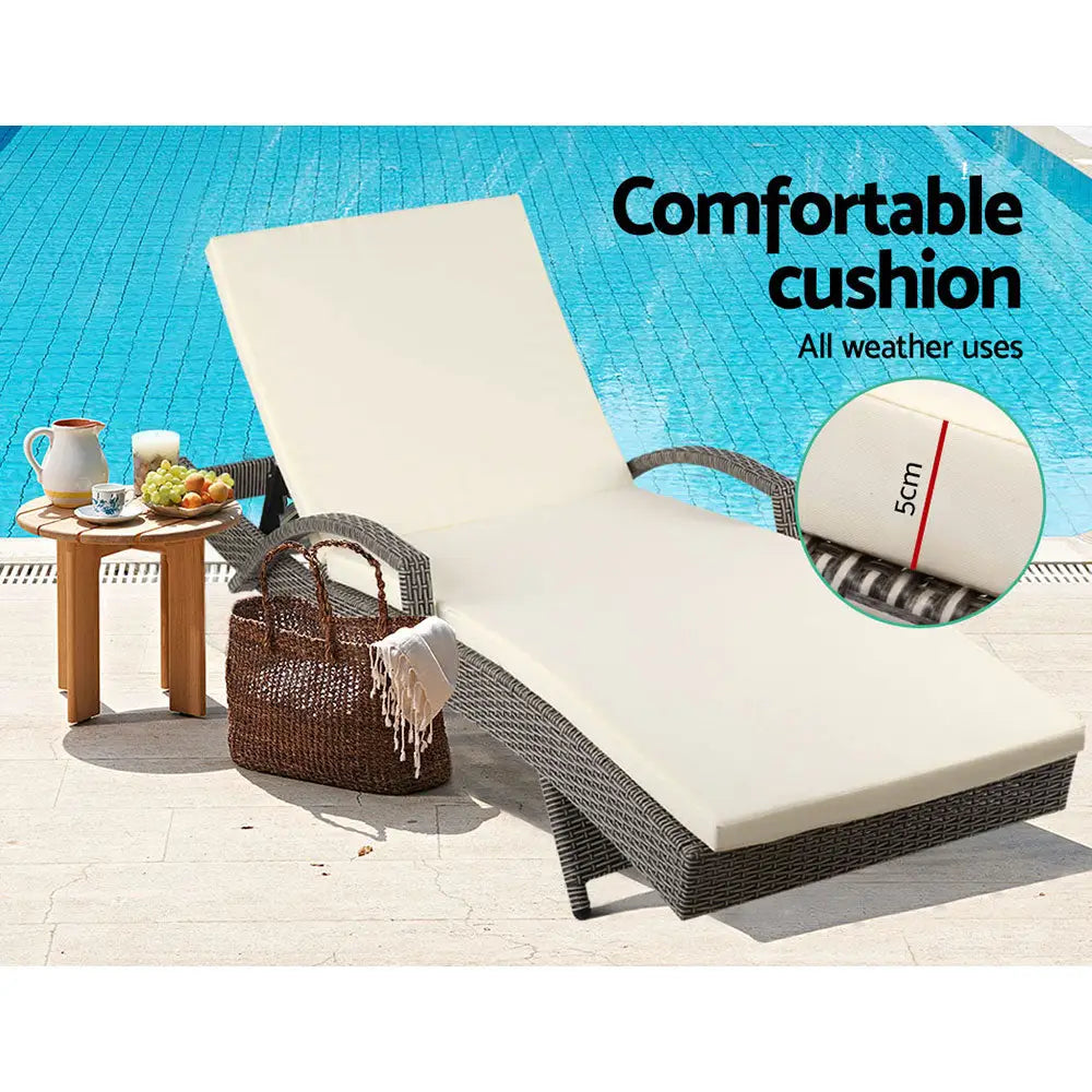 Gardeon 2PC Sun Lounge Wicker Lounger Outdoor Furniture Beach Chair Adjustable Cushion Grey&Beige - Furniture > Outdoor