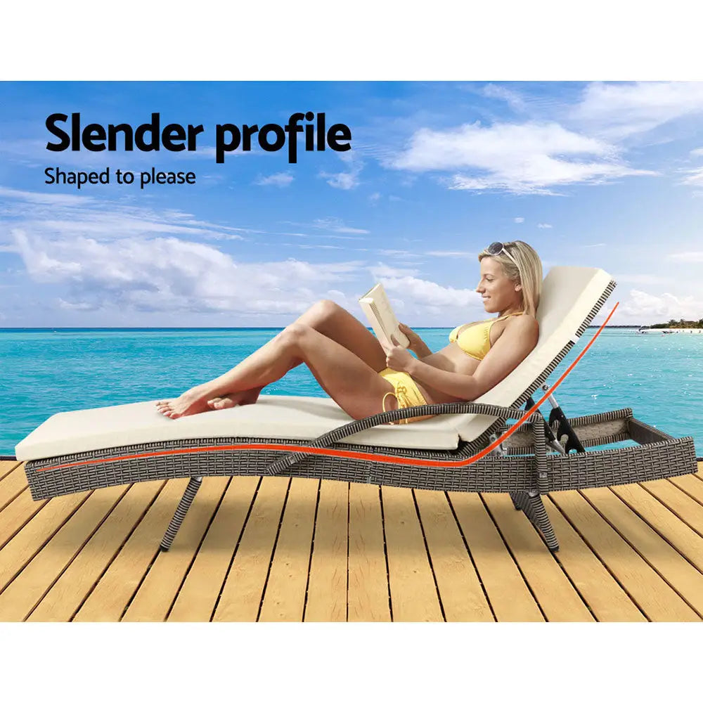 Gardeon 2PC Sun Lounge Wicker Lounger Outdoor Furniture Beach Chair Adjustable Cushion Grey&Beige - Furniture > Outdoor