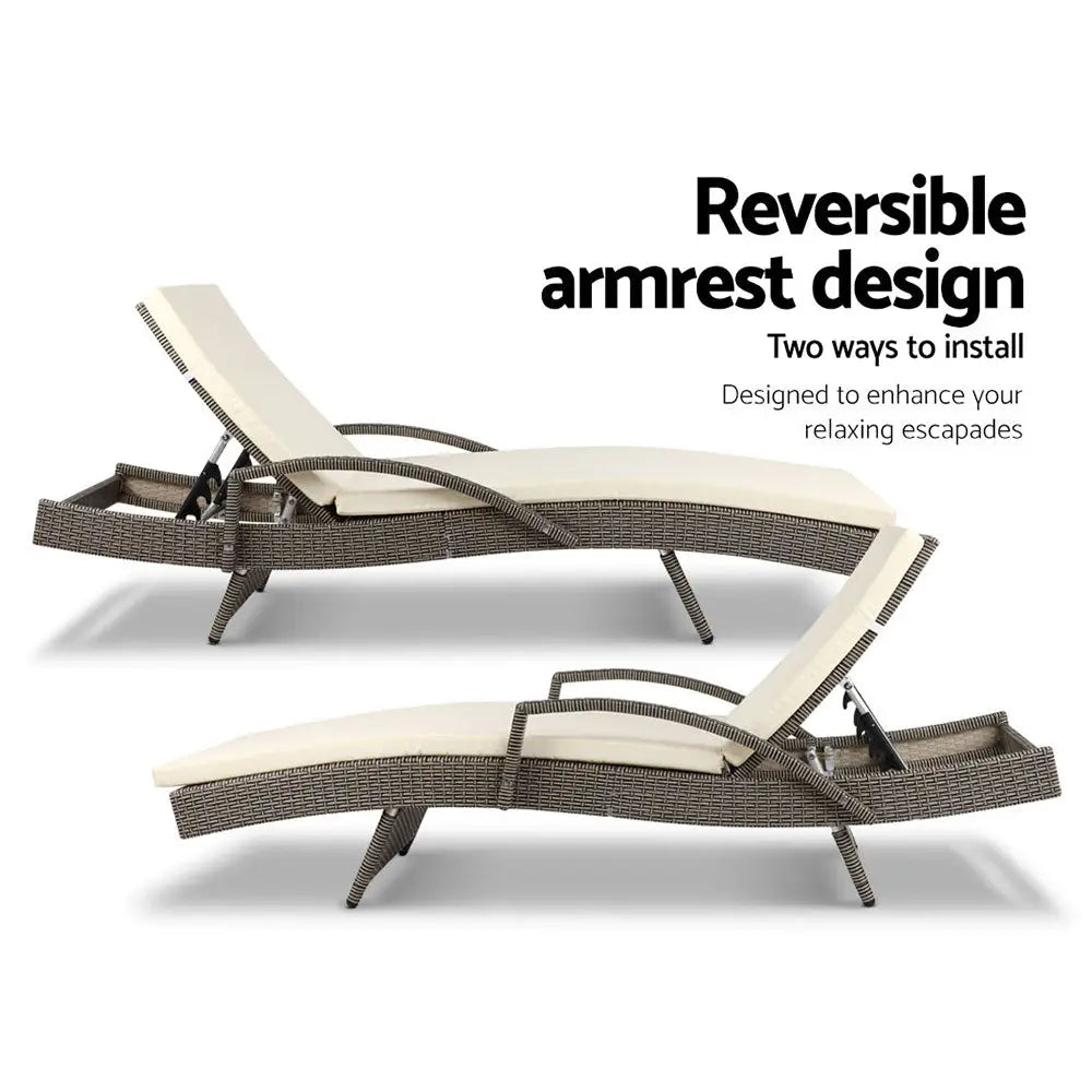 Gardeon 2PC Sun Lounge Wicker Lounger Outdoor Furniture Beach Chair Adjustable Cushion Grey&Beige - Furniture > Outdoor