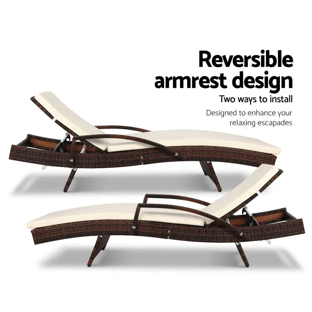 Gardeon 2PC Sun Lounge Wicker Lounger Outdoor Furniture Beach Chair Patio Adjustable Cushion Brown - Furniture > Outdoor
