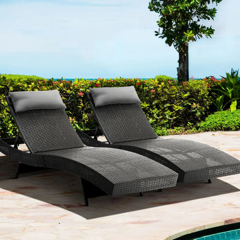 Gardeon 2PC Sun Lounge Wicker Lounger Outdoor Furniture Beach Chair Garden Adjustable Black - Furniture > Outdoor