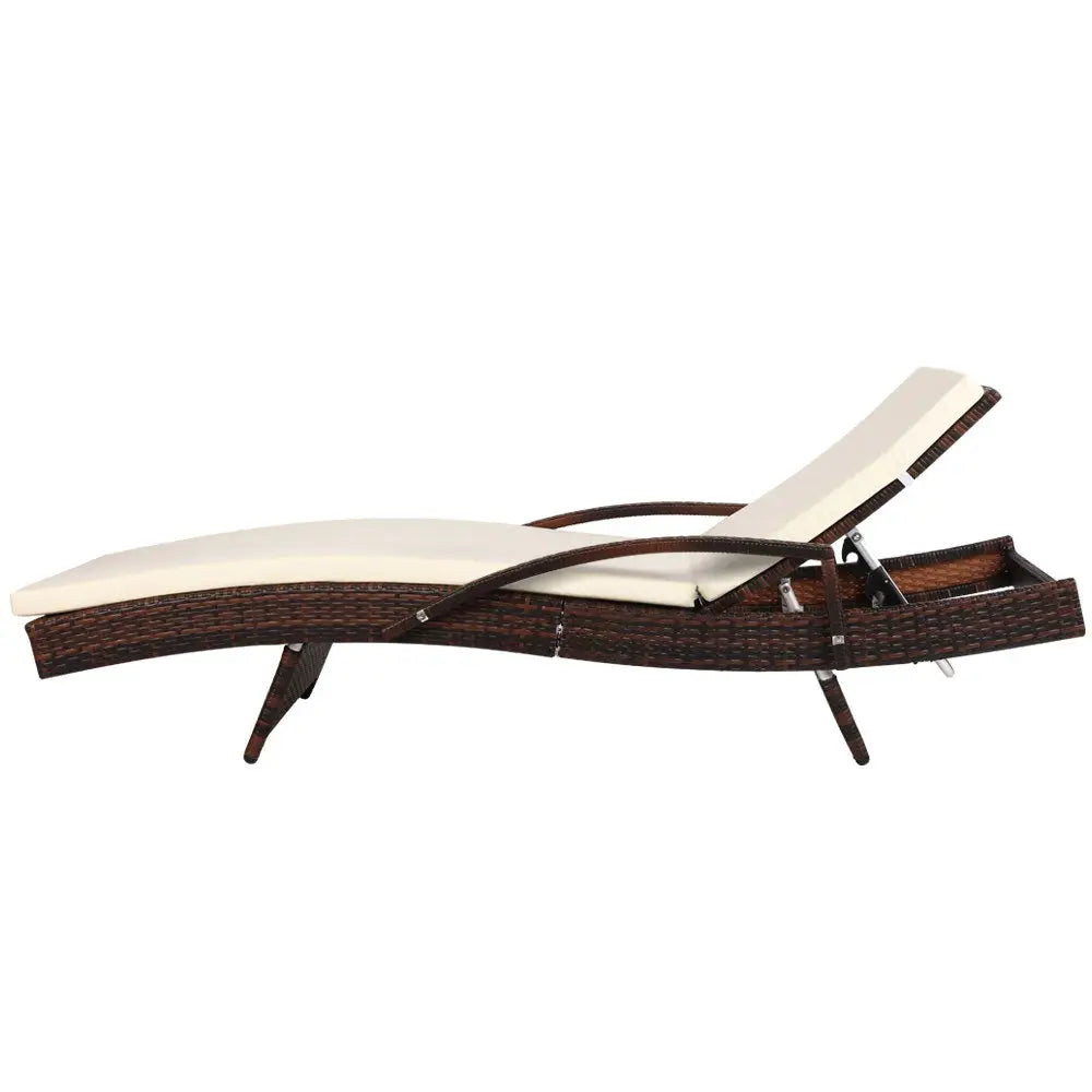 Gardeon 2PC Sun Lounge Wicker Lounger Outdoor Furniture Beach Chair Patio Adjustable Cushion Brown - Furniture > Outdoor