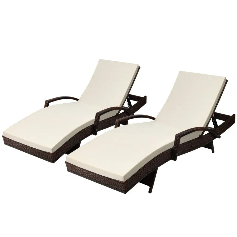 Gardeon 2PC Sun Lounge Wicker Lounger Outdoor Furniture Beach Chair Patio Adjustable Cushion Brown - Furniture > Outdoor