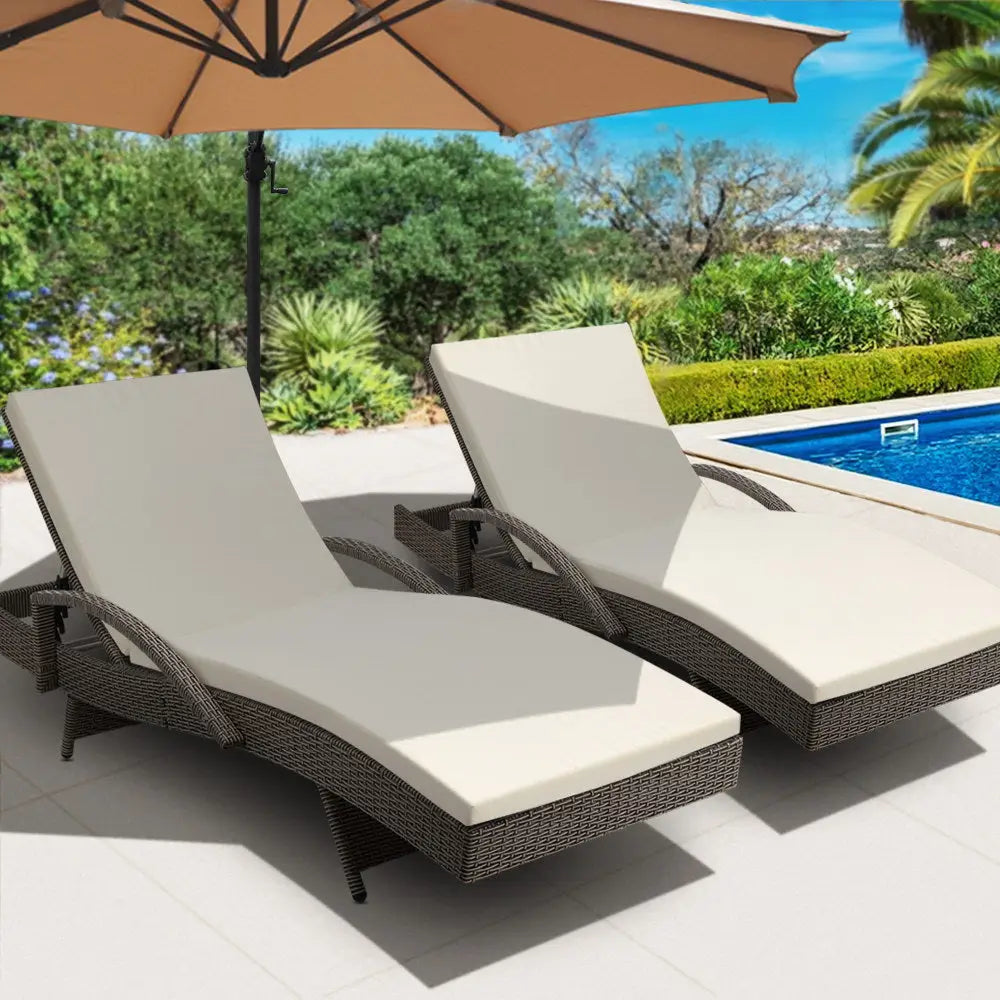 Gardeon 2PC Sun Lounge Wicker Lounger Outdoor Furniture Beach Chair Adjustable Cushion Grey&Beige - Furniture > Outdoor