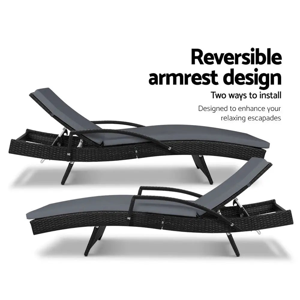 Gardeon 2PC Sun Lounge Wicker Lounger Outdoor Furniture Beach Chair Patio Adjustable Cushion Black - Furniture > Outdoor