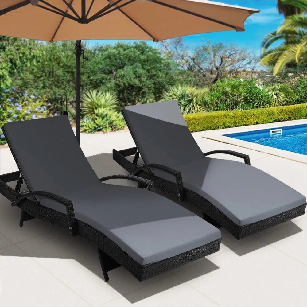 Gardeon 2PC Sun Lounge Wicker Lounger Outdoor Furniture Beach Chair Patio Adjustable Cushion Black - Furniture > Outdoor