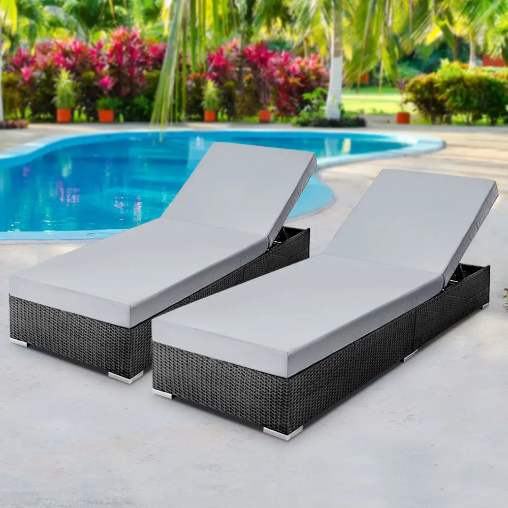 Gardeon 2PC Sun Lounge Wicker Lounger Outdoor Furniture Day Bed Adjustable Rattan Garden - Furniture > Outdoor