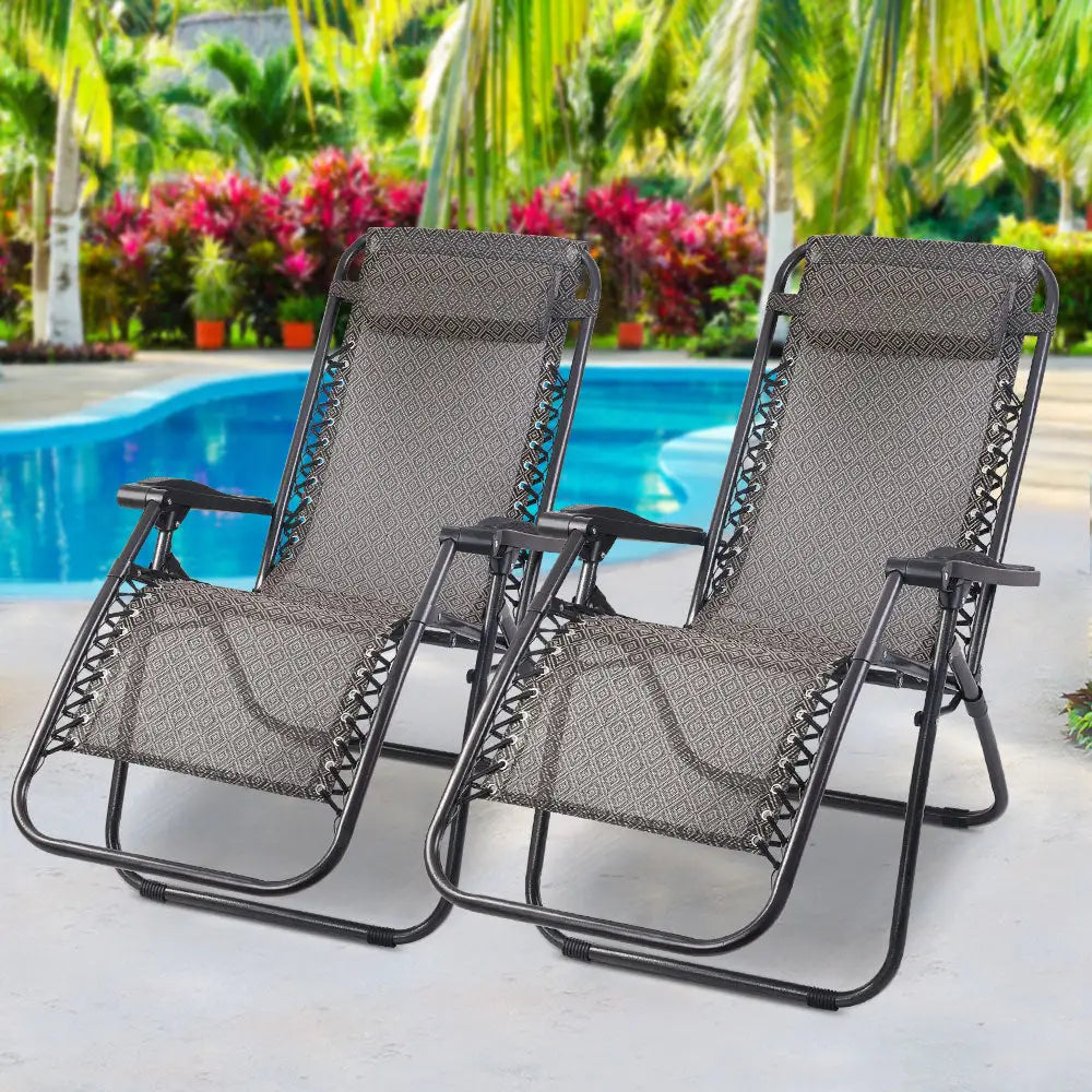 Gardeon 2PC Zero Gravity Chair Folding Outdoor Recliner Adjustable Sun Lounge Camping Beige - Furniture > Outdoor