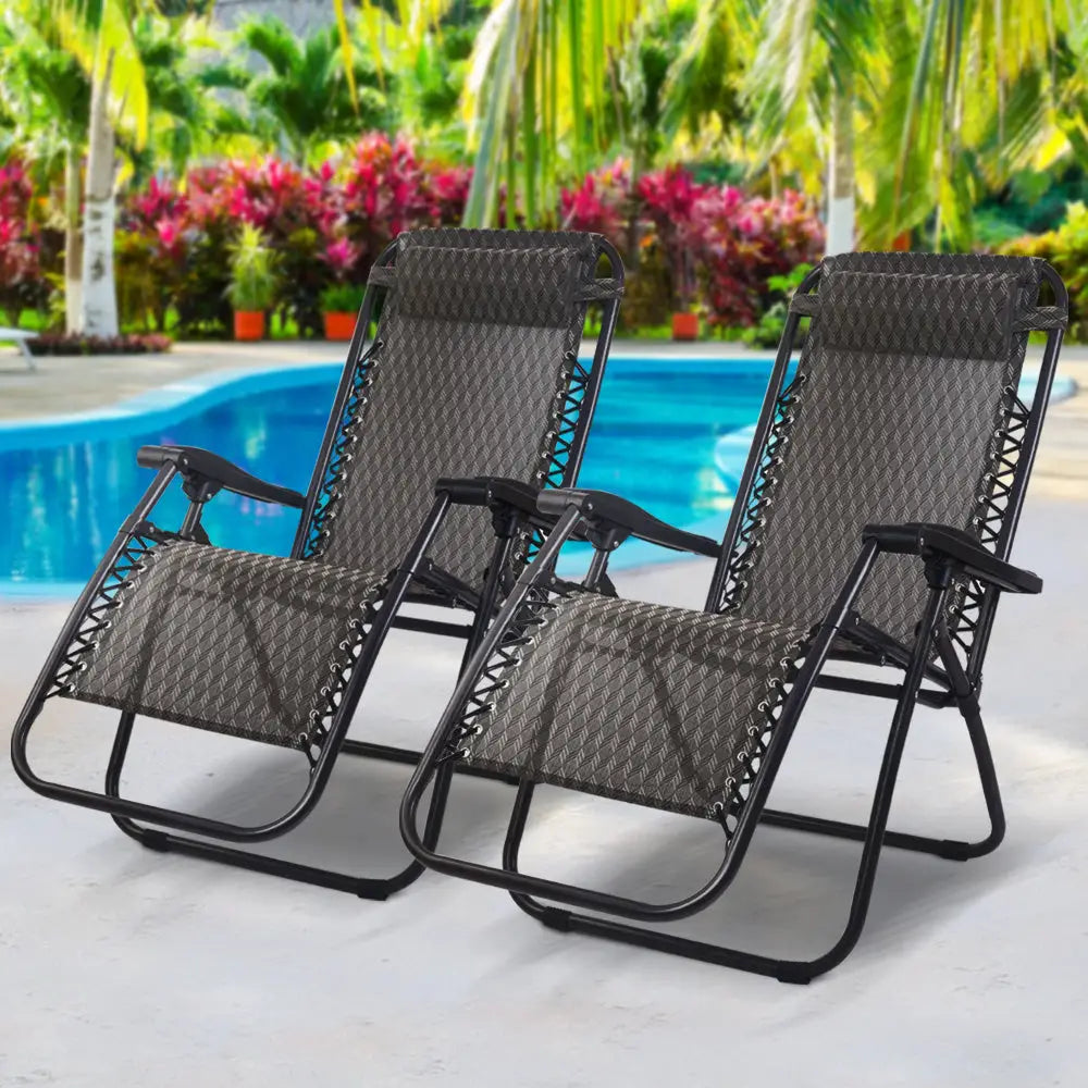 Gardeon 2PC Zero Gravity Chair Folding Outdoor Recliner Adjustable Sun Lounge Camping Grey - Furniture > Outdoor