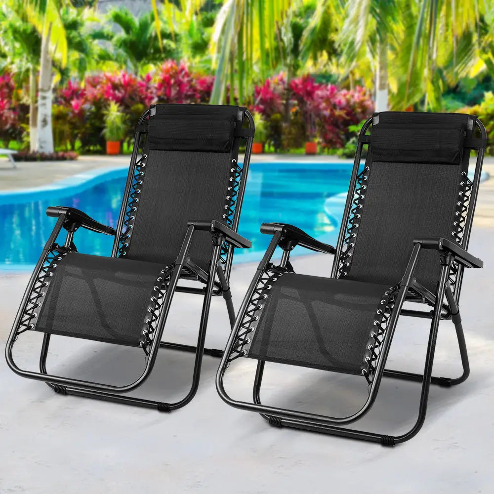 Gardeon 2PC Zero Gravity Chair Folding Outdoor Recliner Adjustable Sun Lounge Camping Black - Furniture > Outdoor