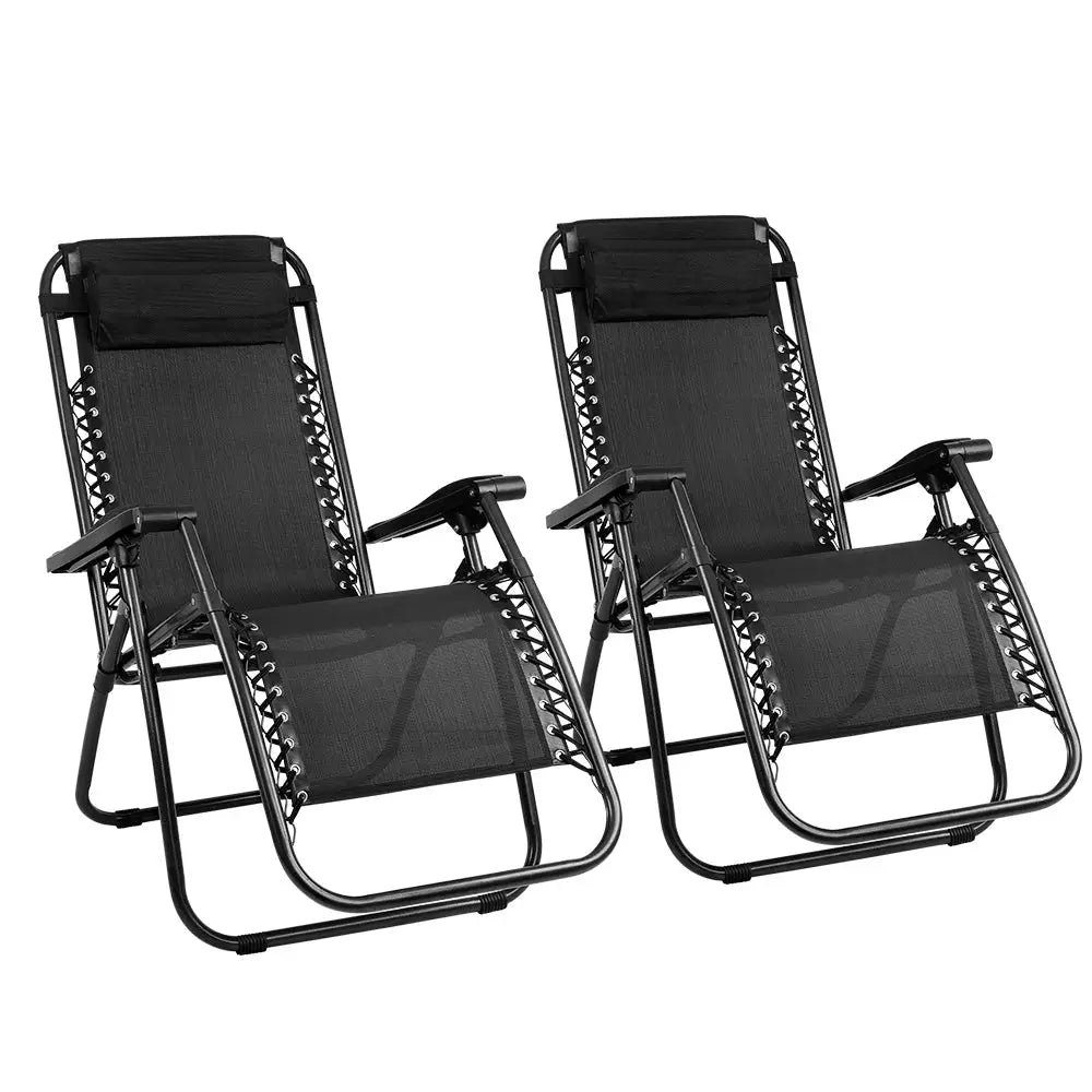 Gardeon 2PC Zero Gravity Chair Folding Outdoor Recliner Adjustable Sun Lounge Camping Black - Furniture > Outdoor