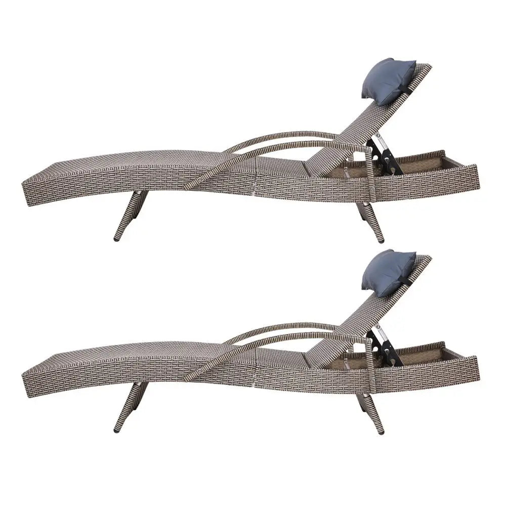 Gardeon 2x Sun Lounge Wicker Lounger Outdoor Furniture Beach Armchair Adjustable Grey&Beige - Furniture > Outdoor