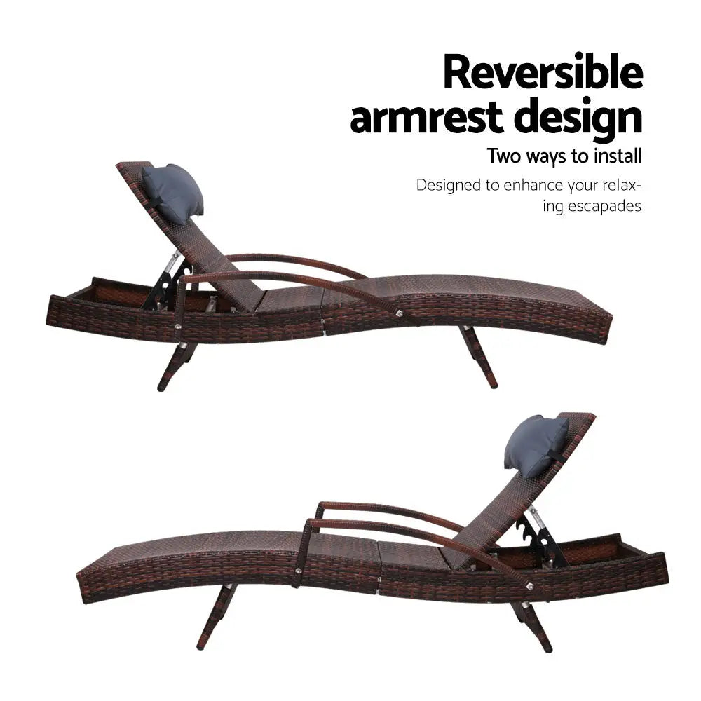 Gardeon 2x Sun Lounge Wicker Lounger Outdoor Furniture Beach Chair Armrest Adjustable Brown - Furniture > Outdoor