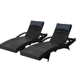Gardeon 2x Sun Lounge Wicker Lounger Outdoor Furniture Beach Chair Armrest Adjustable Black - Furniture > Outdoor