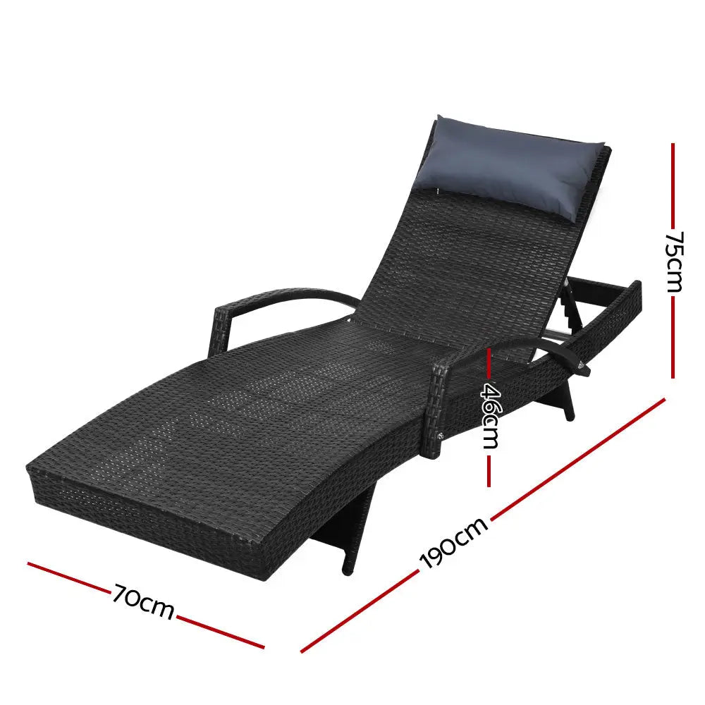 Gardeon 2x Sun Lounge Wicker Lounger Outdoor Furniture Beach Chair Armrest Adjustable Black - Furniture > Outdoor