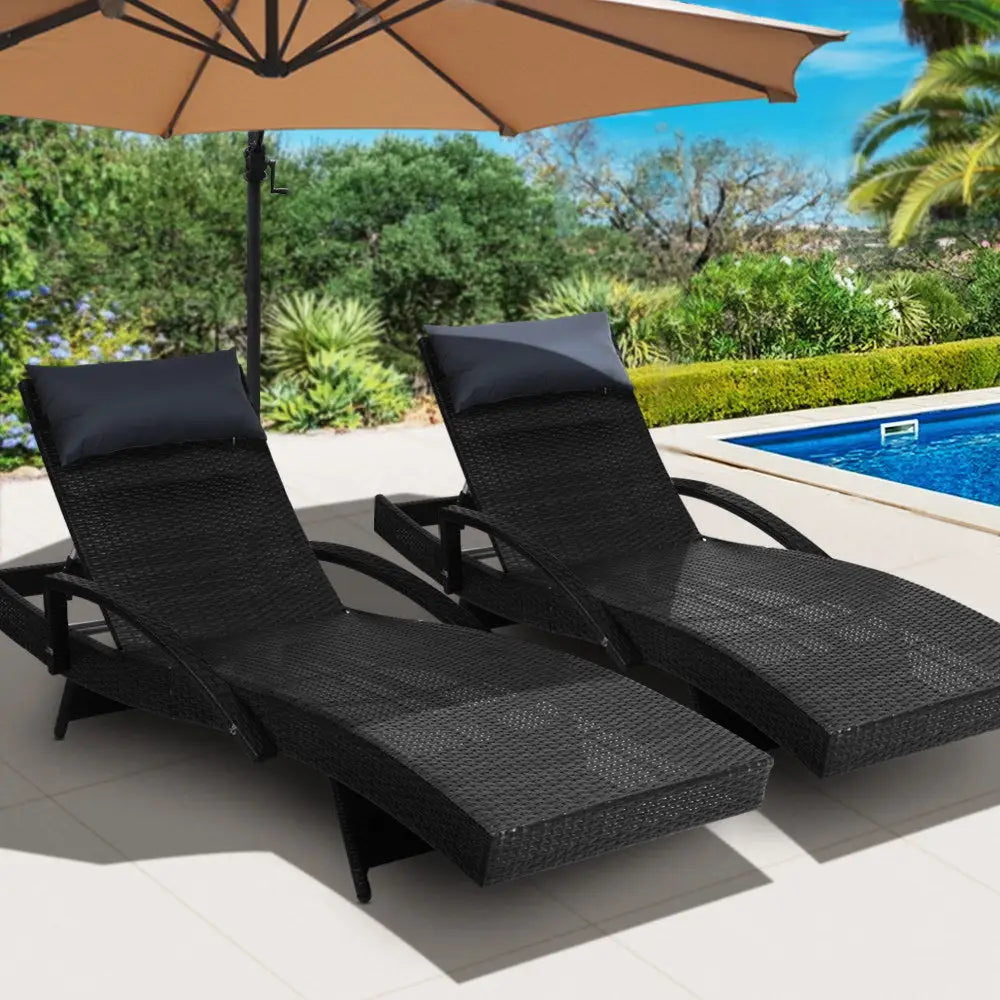 Gardeon 2x Sun Lounge Wicker Lounger Outdoor Furniture Beach Chair Armrest Adjustable Black - Furniture > Outdoor
