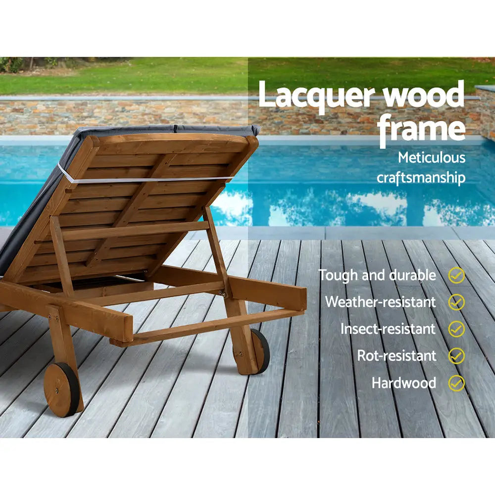 Gardeon 2x Sun Lounge Wooden Lounger Outdoor Furniture Day Bed Wheel Patio Grey - Furniture > Outdoor