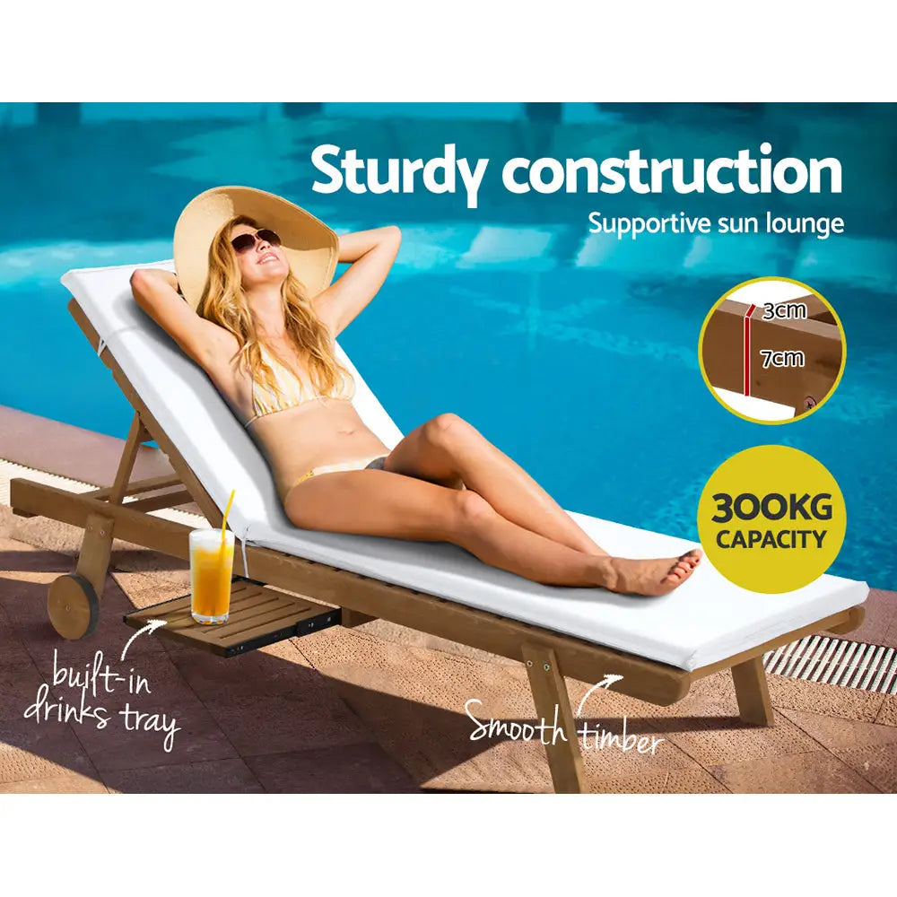Gardeon 2x Sun Lounge Wooden Lounger Outdoor Furniture Day Bed Wheel Patio White - Furniture > Outdoor