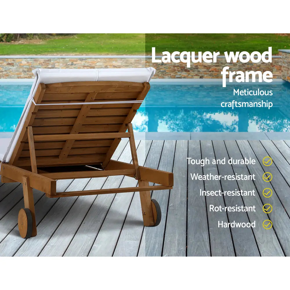 Gardeon 2x Sun Lounge Wooden Lounger Outdoor Furniture Day Bed Wheel Patio White - Furniture > Outdoor