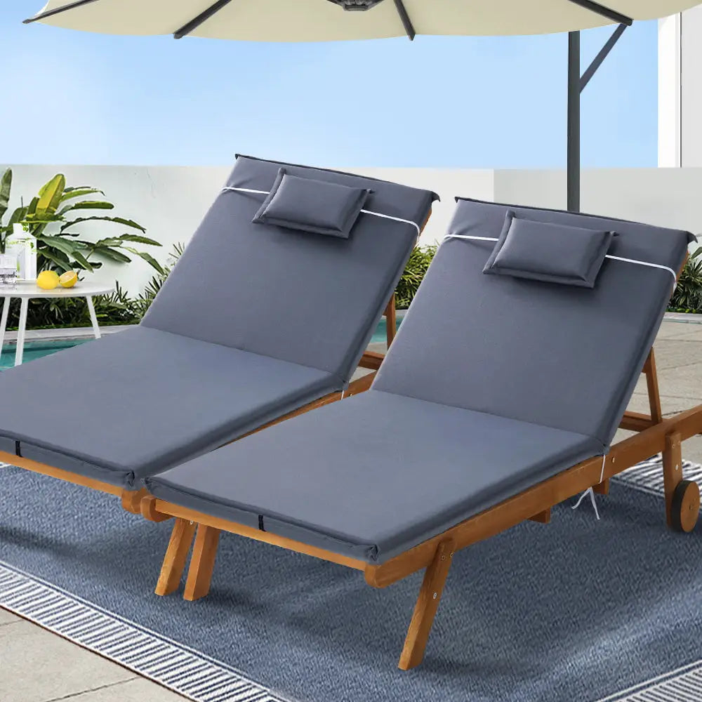 Gardeon 2x Sun Lounge Wooden Lounger Outdoor Furniture Day Bed Wheel Patio Grey - Furniture > Outdoor