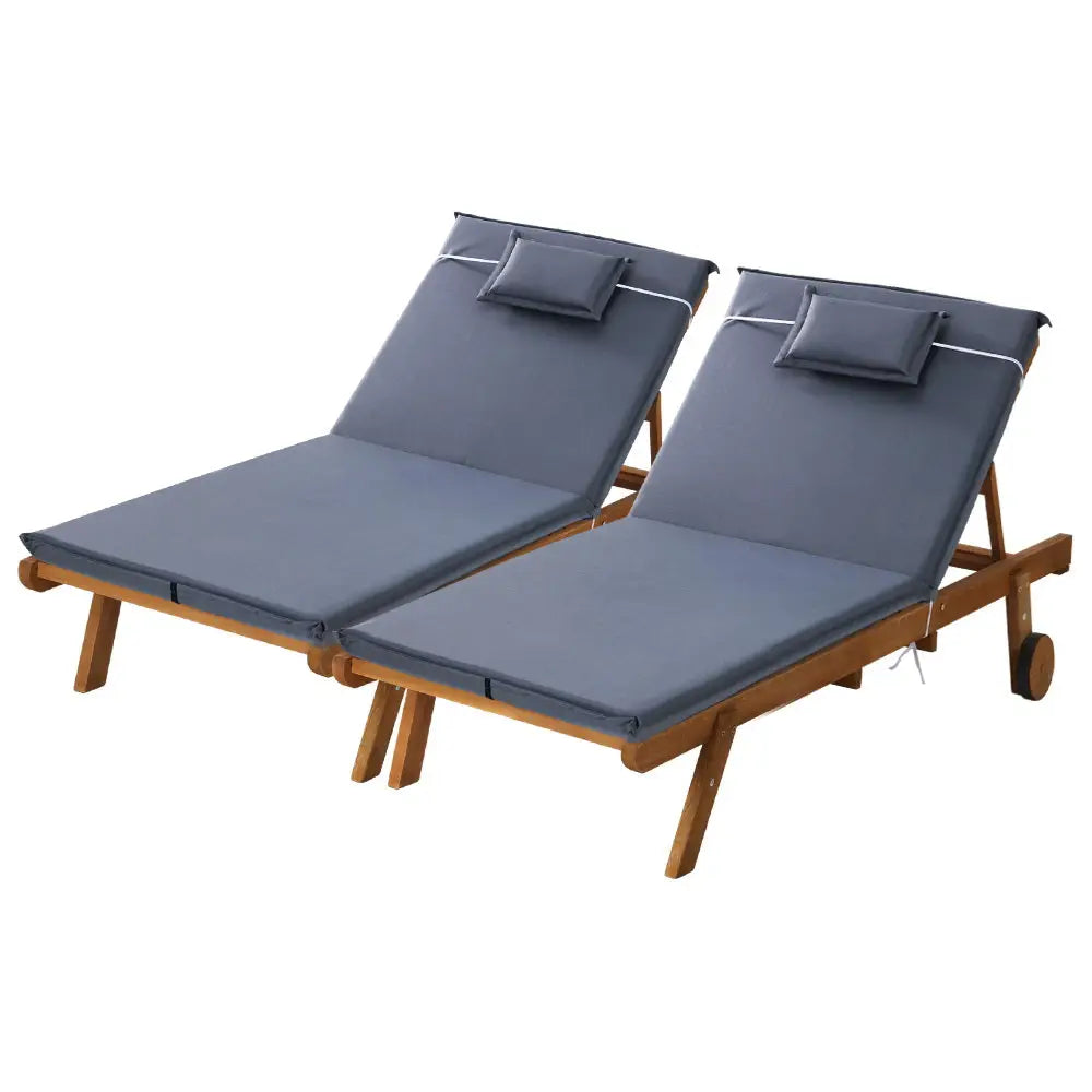 Gardeon 2x Sun Lounge Wooden Lounger Outdoor Furniture Day Bed Wheel Patio Grey - Furniture > Outdoor