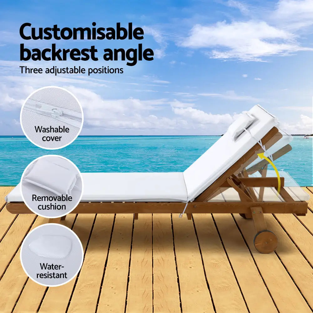 Gardeon 2x Sun Lounge Wooden Lounger Outdoor Furniture Day Bed Wheel Patio White - Furniture > Outdoor