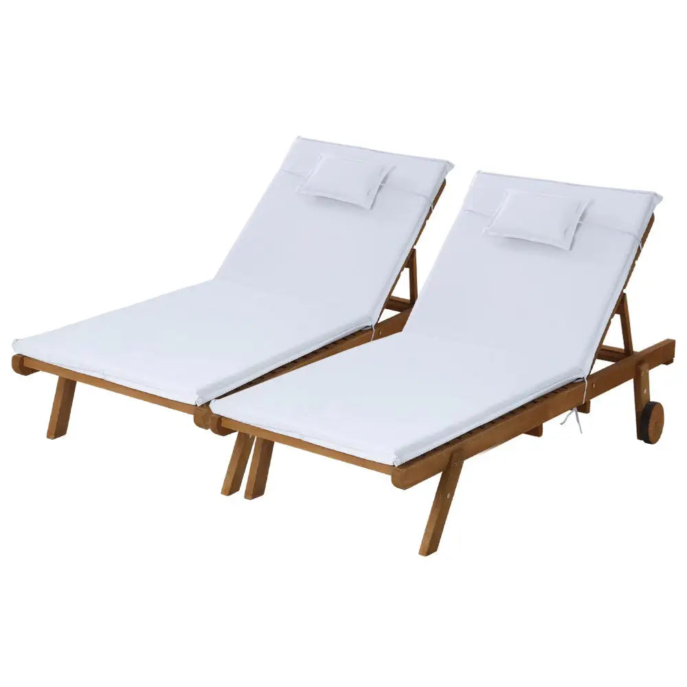 Gardeon 2x Sun Lounge Wooden Lounger Outdoor Furniture Day Bed Wheel Patio White - Furniture > Outdoor