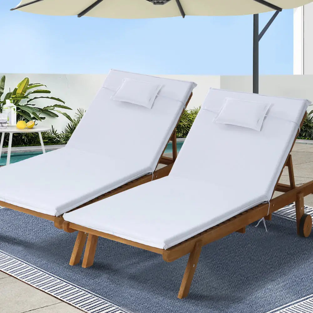 Gardeon 2x Sun Lounge Wooden Lounger Outdoor Furniture Day Bed Wheel Patio White - Furniture > Outdoor