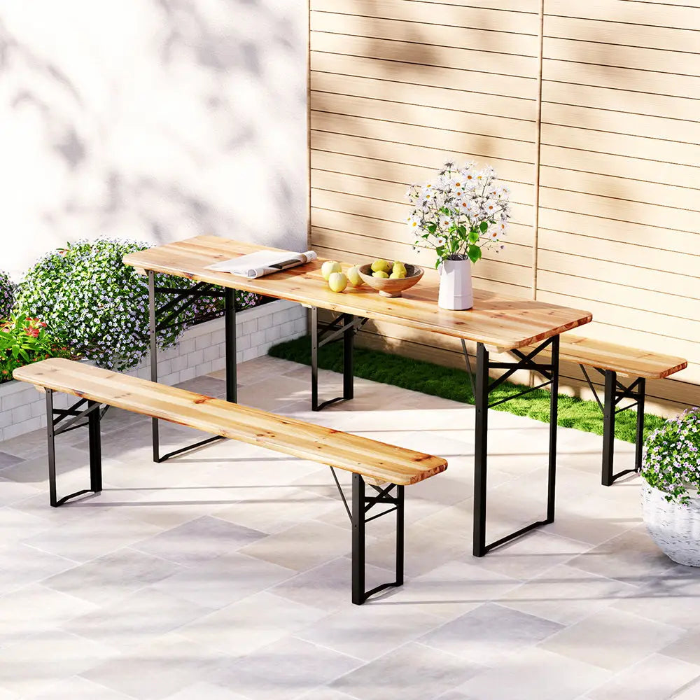 Gardeon 3 PCS Outdoor Furniture Dining Set Lounge Setting Patio Wooden Bench - Furniture > Outdoor