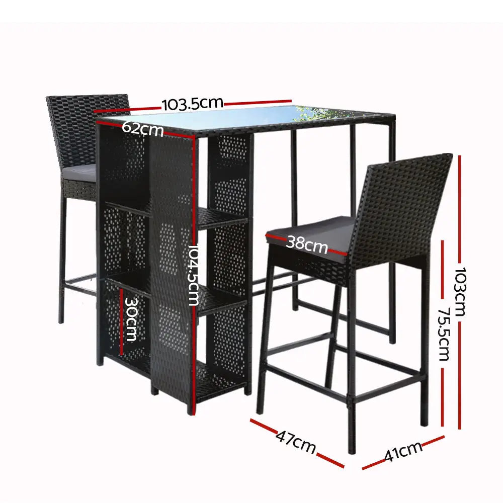 Gardeon 3-Piece Outdoor Bar Set Patio Dining Chairs Wicker Table Stools - Furniture > Outdoor
