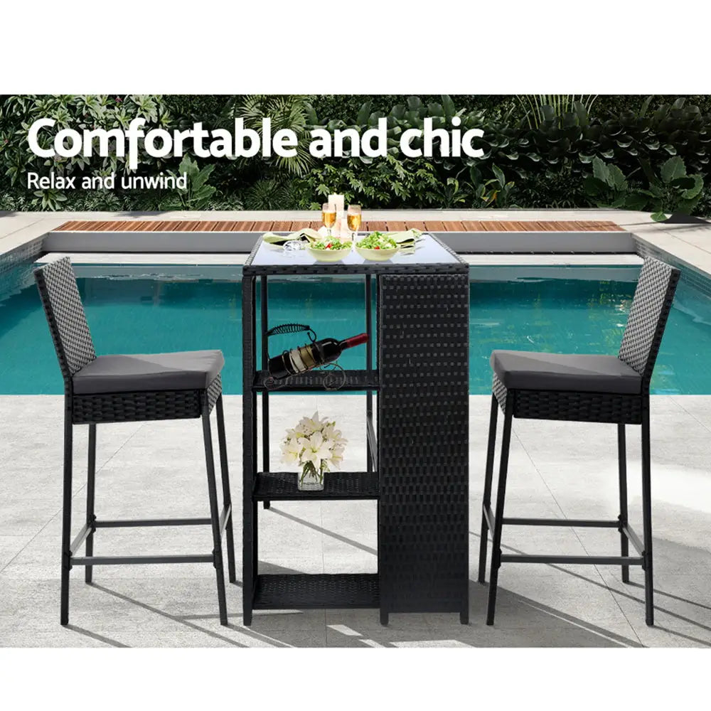 Gardeon 3-Piece Outdoor Bar Set Patio Dining Chairs Wicker Table Stools - Furniture > Outdoor