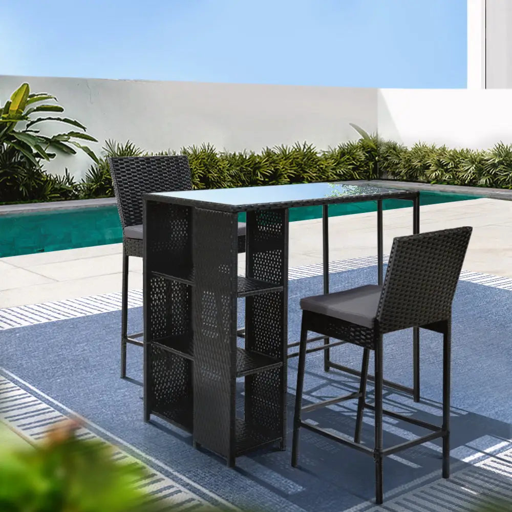 Gardeon 3-Piece Outdoor Bar Set Patio Dining Chairs Wicker Table Stools - Furniture > Outdoor