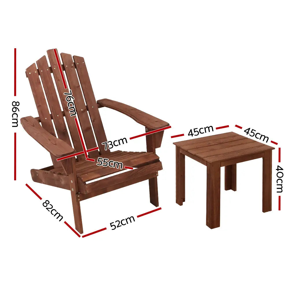 Gardeon 3PC Adirondack Outdoor Table and Chairs Wooden Beach Chair Brown - Furniture > Outdoor > Outdoor Sofas & Lounge