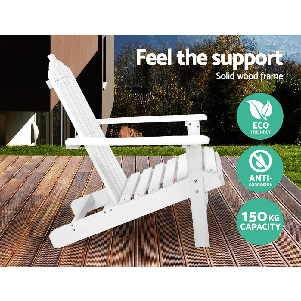 Gardeon 3PC Adirondack Outdoor Table and Chairs Wooden Beach Chair White - Furniture > Outdoor > Outdoor Sofas & Lounge