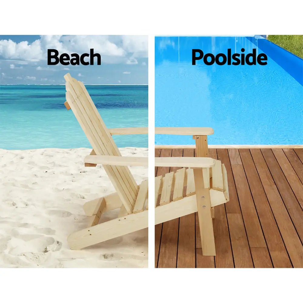 Gardeon 3PC Adirondack Outdoor Table and Chairs Wooden Beach Chair Natural - Furniture > Outdoor > Outdoor Chairs