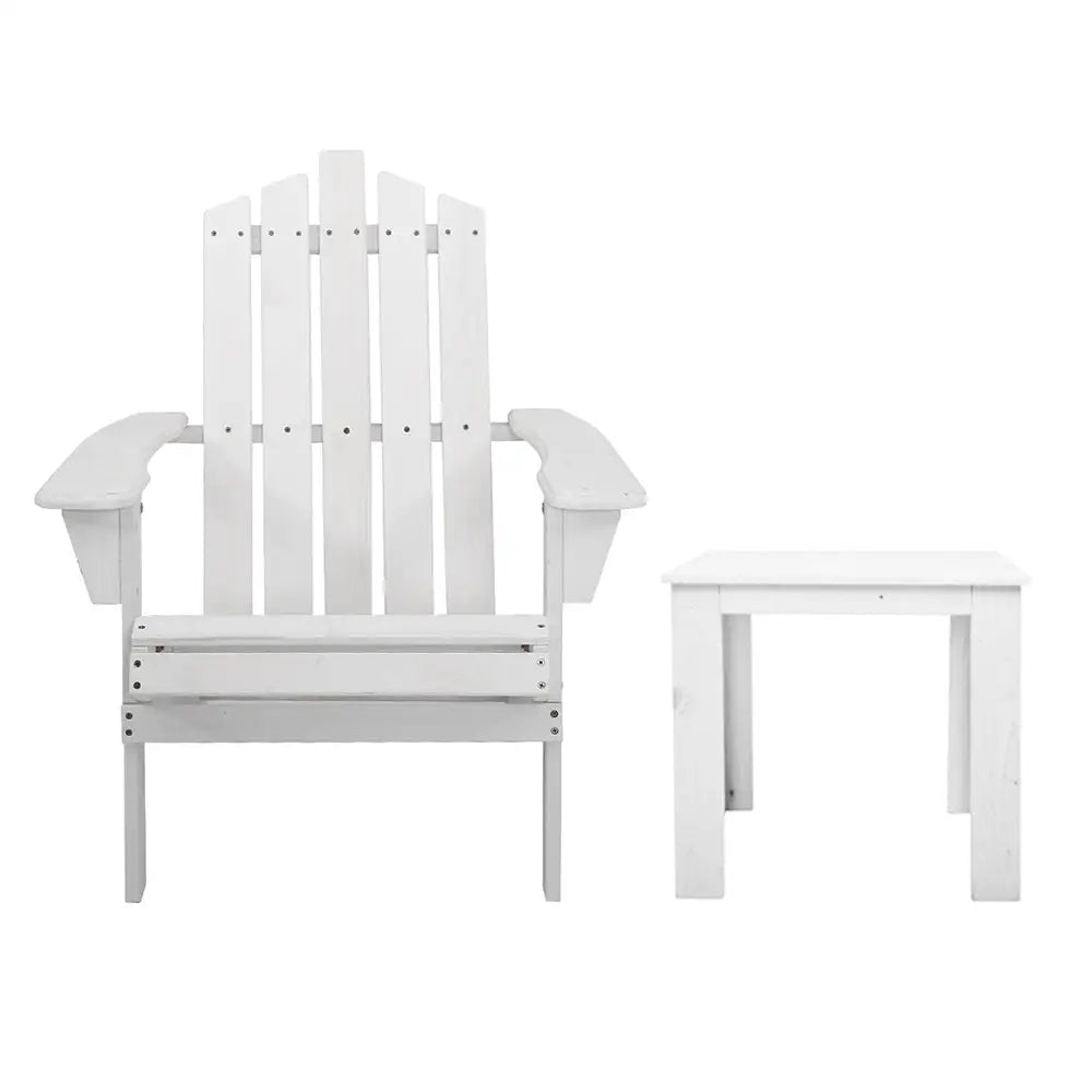 Gardeon 3PC Adirondack Outdoor Table and Chairs Wooden Beach Chair White - Furniture > Outdoor > Outdoor Sofas & Lounge