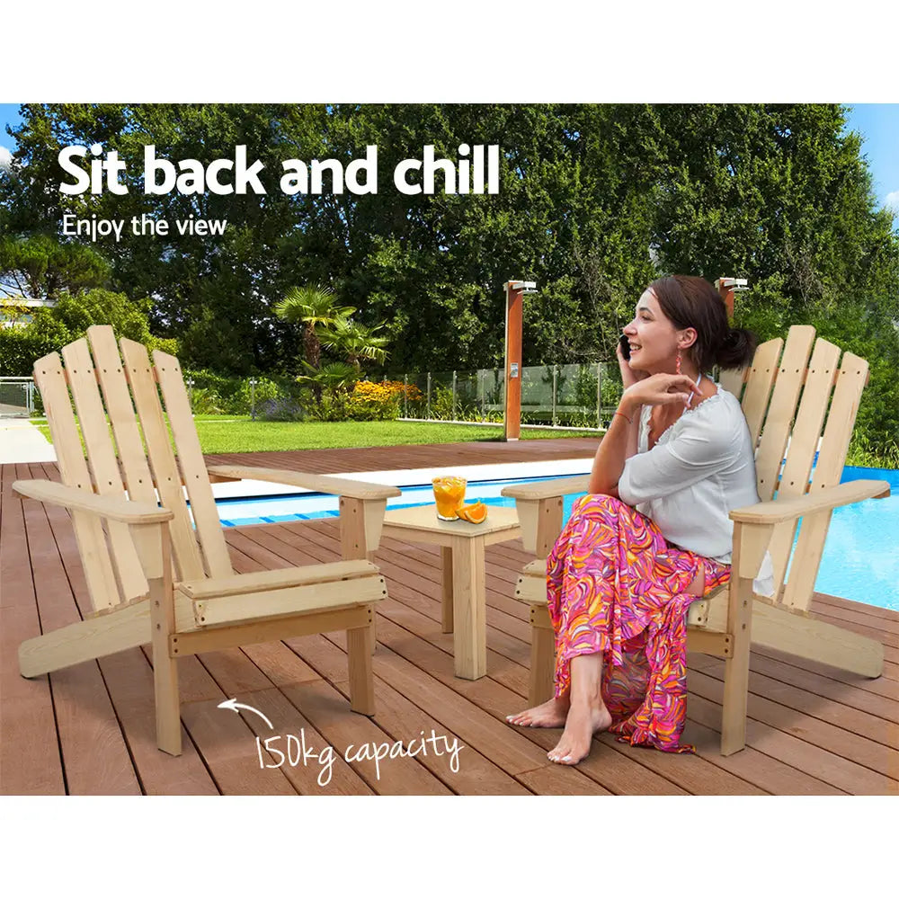 Gardeon 3PC Adirondack Outdoor Table and Chairs Wooden Beach Chair Natural - Furniture > Outdoor > Outdoor Chairs