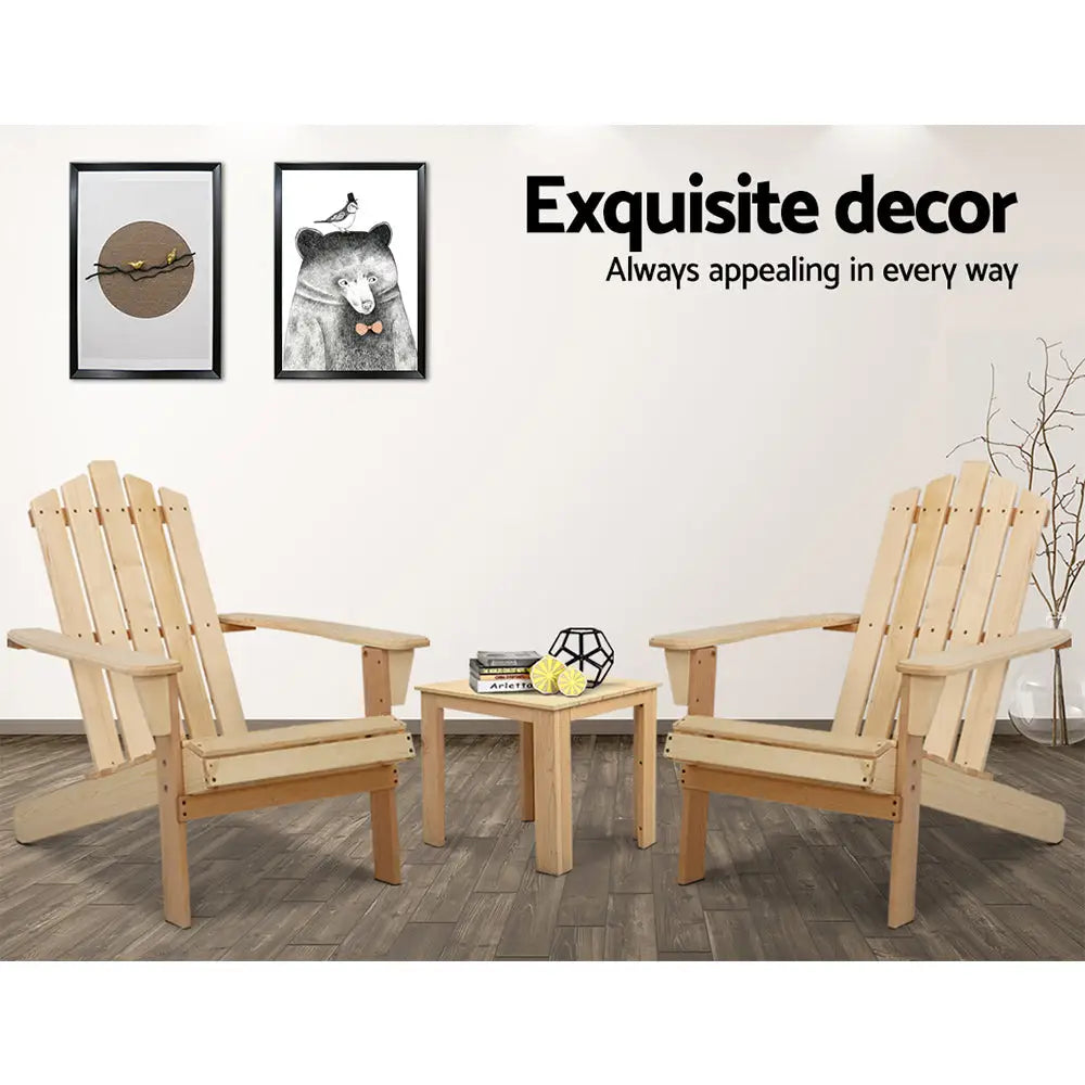 Gardeon 3PC Adirondack Outdoor Table and Chairs Wooden Beach Chair Natural - Furniture > Outdoor > Outdoor Chairs