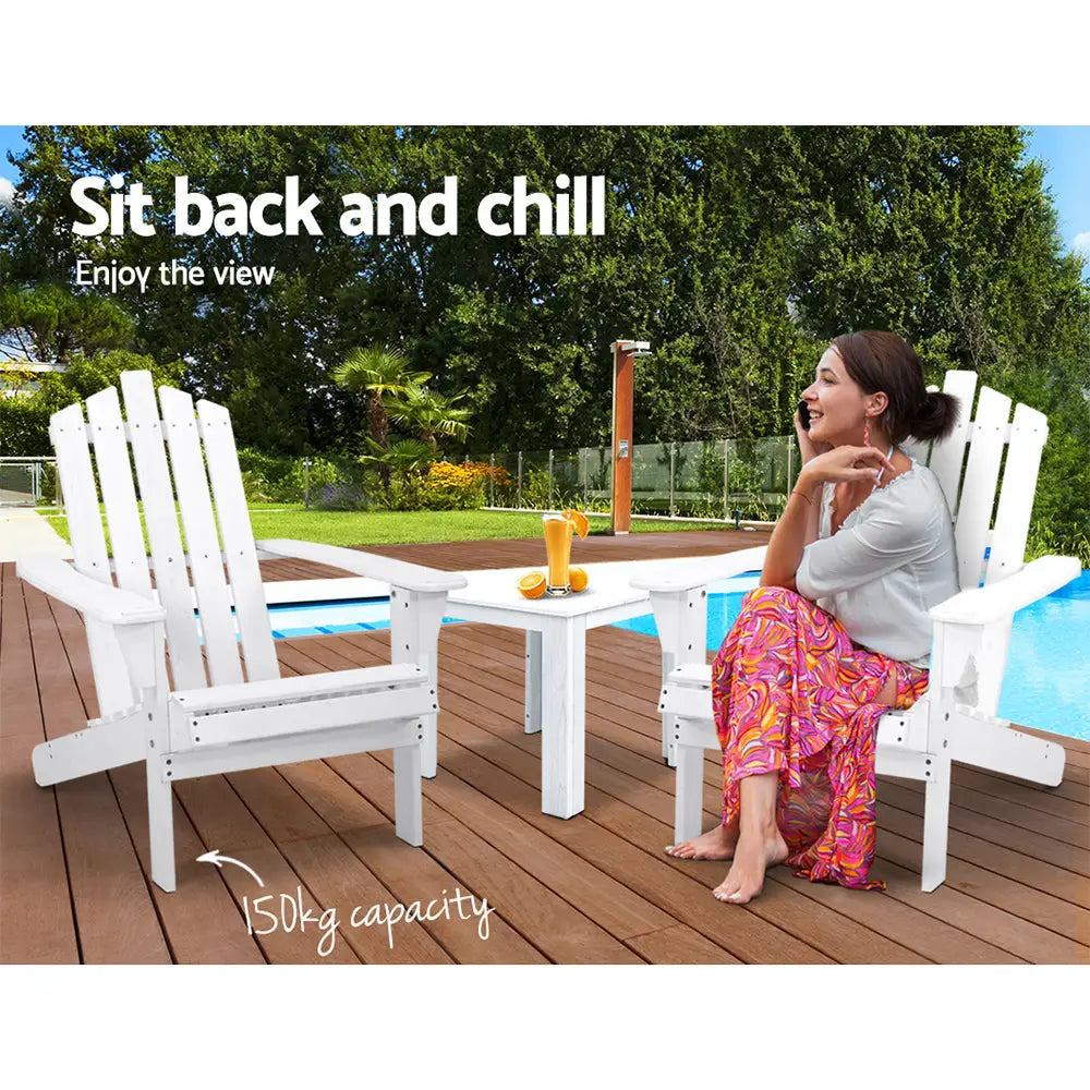 Gardeon 3PC Adirondack Outdoor Table and Chairs Wooden Beach Chair White - Furniture > Outdoor > Outdoor Sofas & Lounge