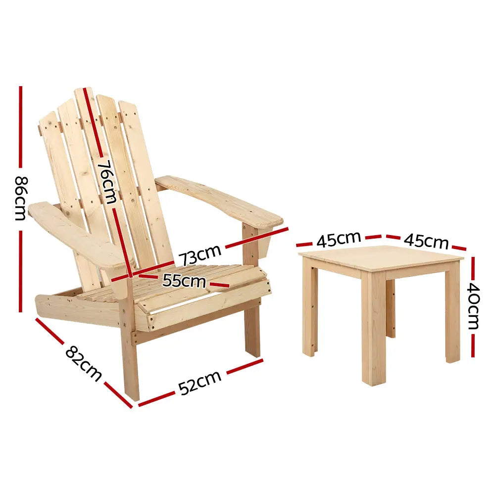 Gardeon 3PC Adirondack Outdoor Table and Chairs Wooden Beach Chair Natural - Furniture > Outdoor > Outdoor Chairs