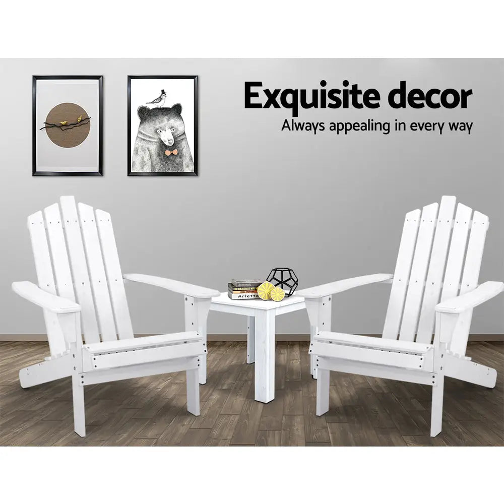 Gardeon 3PC Adirondack Outdoor Table and Chairs Wooden Beach Chair White - Furniture > Outdoor > Outdoor Sofas & Lounge