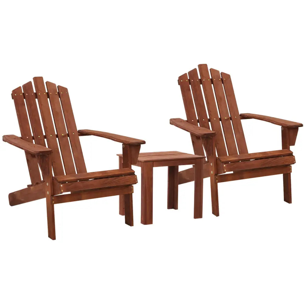 Gardeon 3PC Adirondack Outdoor Table and Chairs Wooden Beach Chair Brown - Furniture > Outdoor > Outdoor Sofas & Lounge
