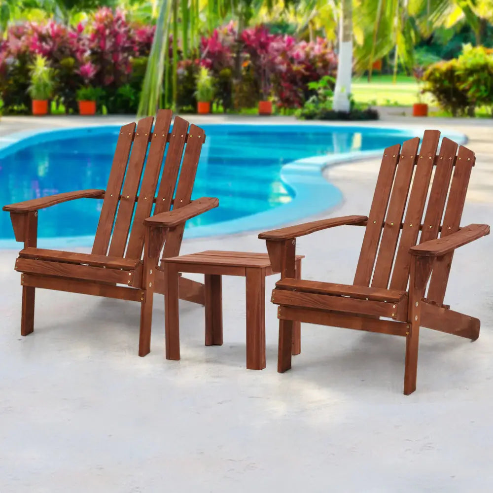 Gardeon 3PC Adirondack Outdoor Table and Chairs Wooden Beach Chair Brown - Furniture > Outdoor > Outdoor Sofas & Lounge