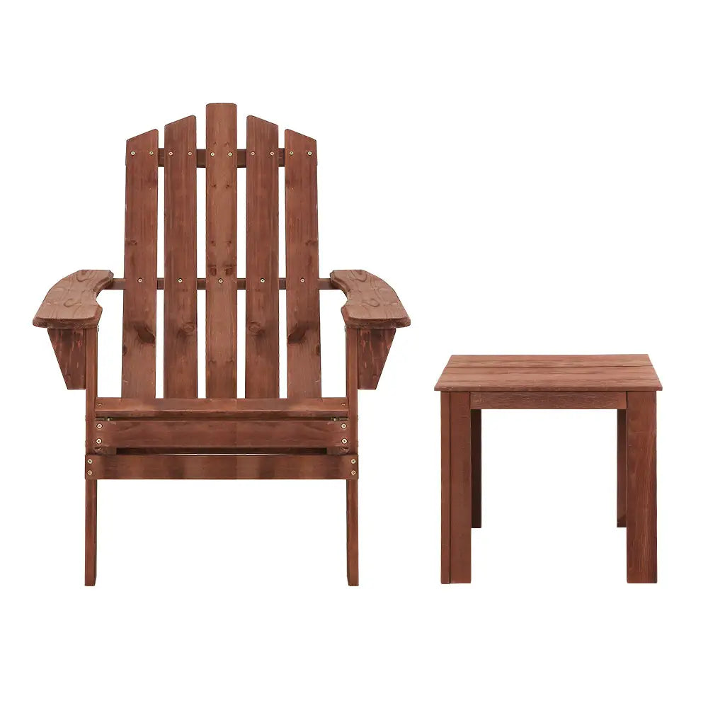Gardeon 3PC Adirondack Outdoor Table and Chairs Wooden Beach Chair Brown - Furniture > Outdoor > Outdoor Sofas & Lounge